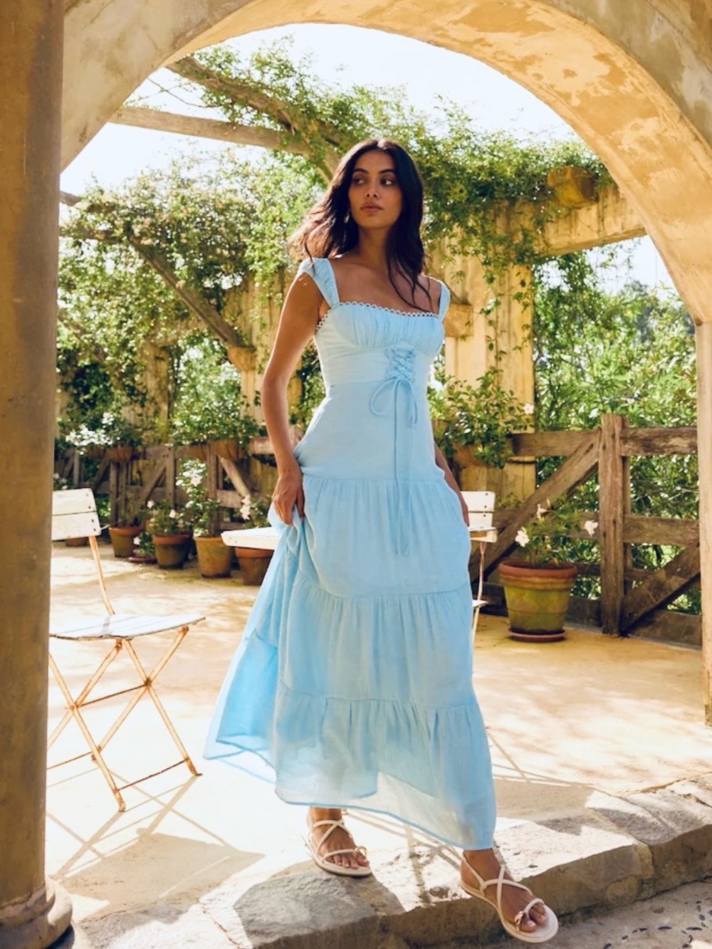 Sky Blue Lace-Up Tiered Maxi Dress